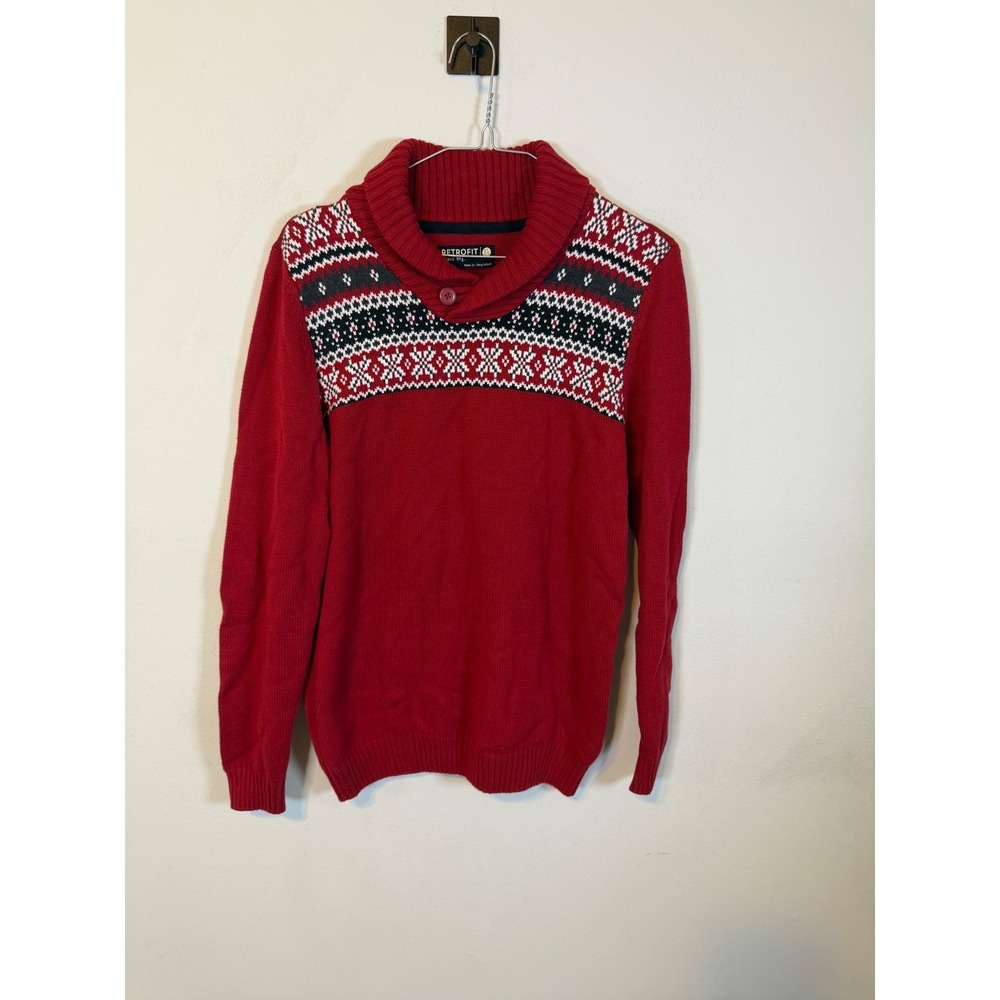 Retrofit Boys Sweater Fair Isle Shawl Collar Red XL 18/20